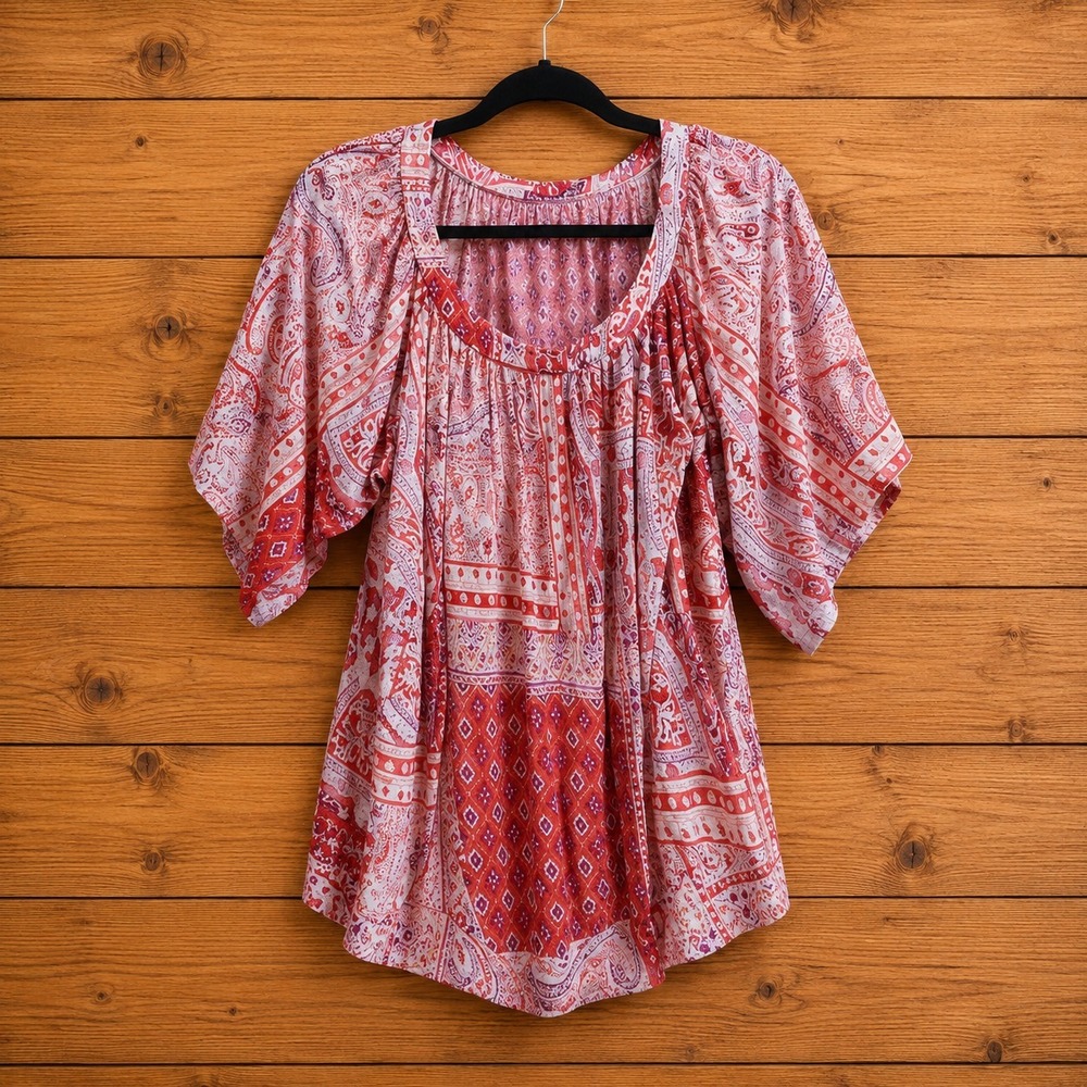 Womens Medium Red Pink Paisley Loose Cotton Boho Festival Top Dalia Peasant Top